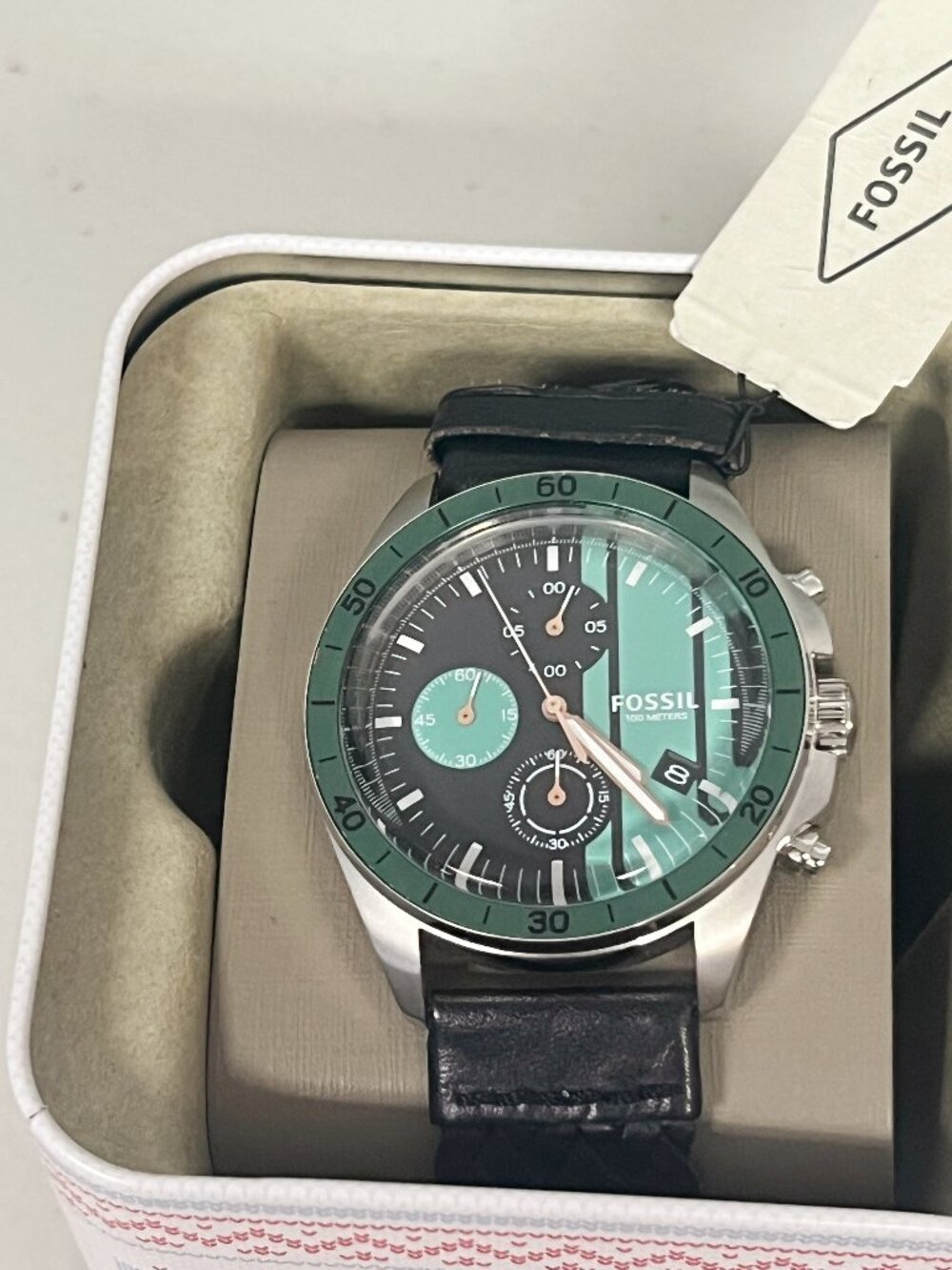 Fossil BQ16231014 Men Chronograph Watch 43mm Steel Case Green Bezel